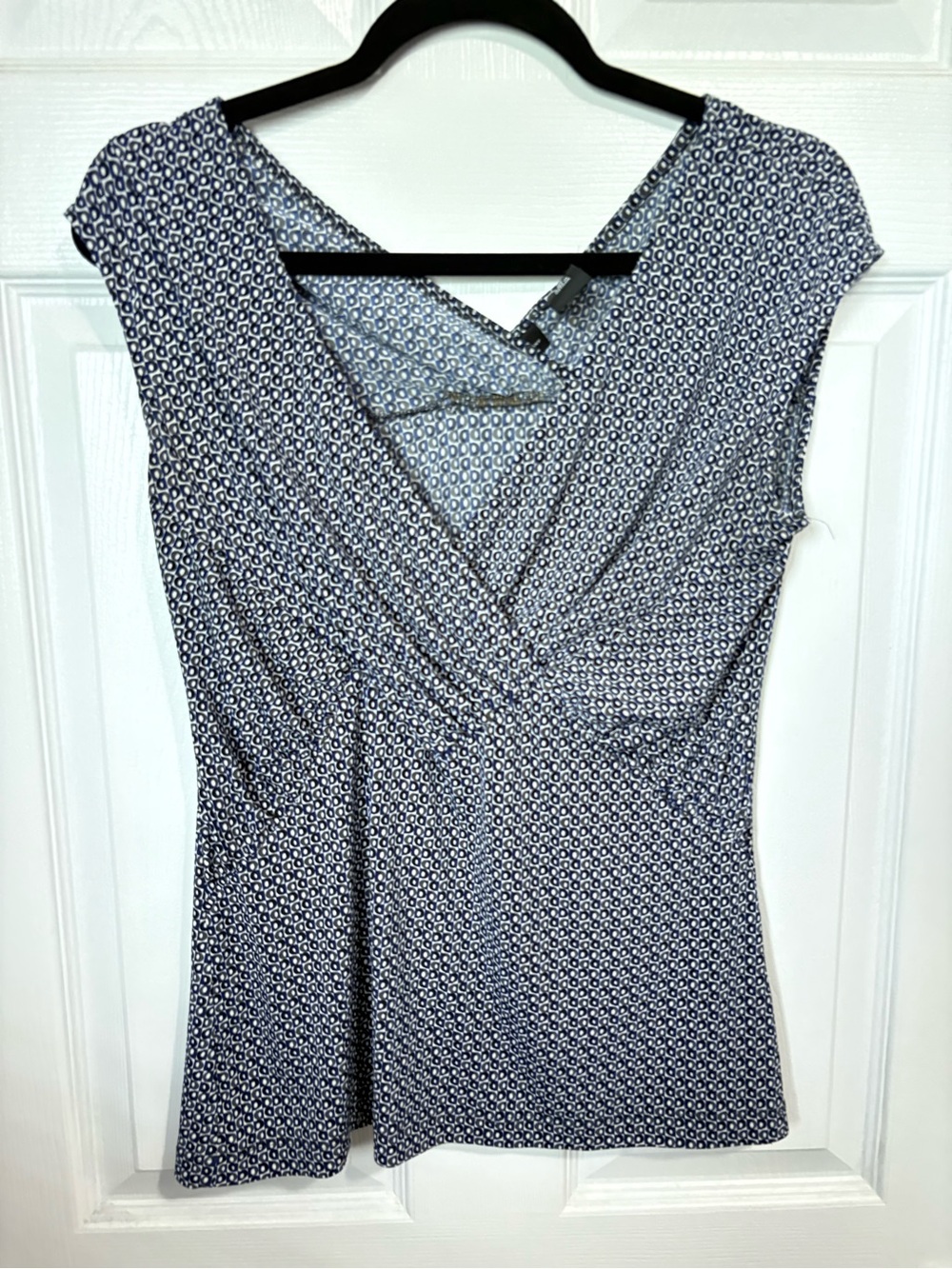 New York & Company Navy & White Geometric Surplice Tank